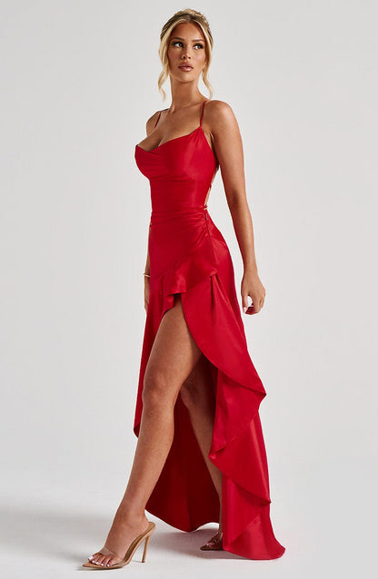 Prestige Satin Ruffle Maxi Dress